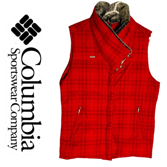 Columbia Jackets & Blazers - Columbia Red Plaid Puffer Faux Fur Down Vest